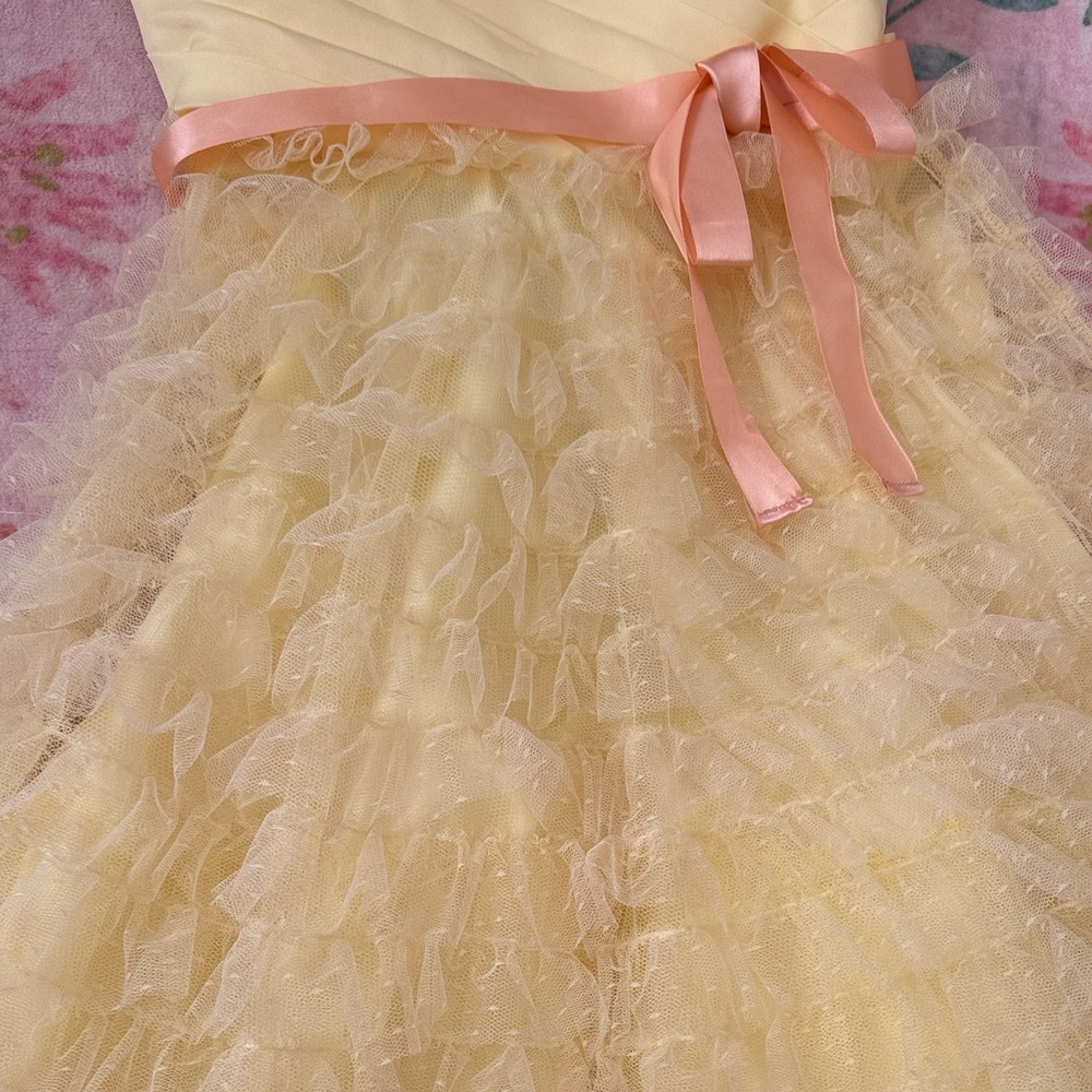 Unique Vintage Yellow Ruffled Tulle Cupcake Dress with Peach Pink Sash - Picture 5 of 6